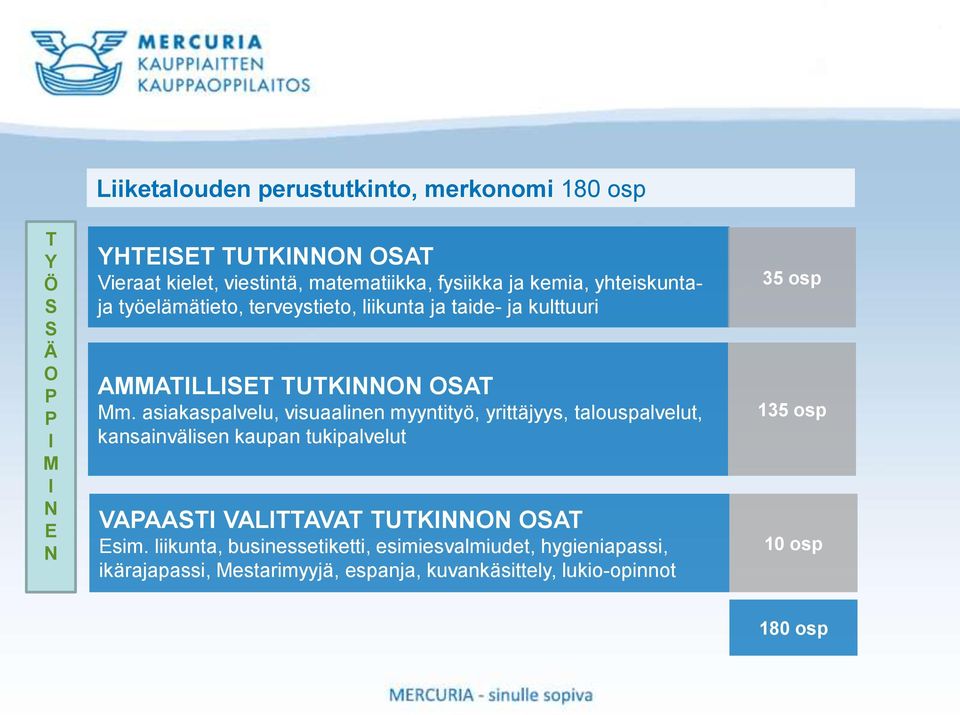 asiakaspalvelu, visuaalinen myyntityö, yrittäjyys, talouspalvelut, kansainvälisen kaupan tukipalvelut VAPAASTI VALITTAVAT TUTKINNON OSAT Esim.