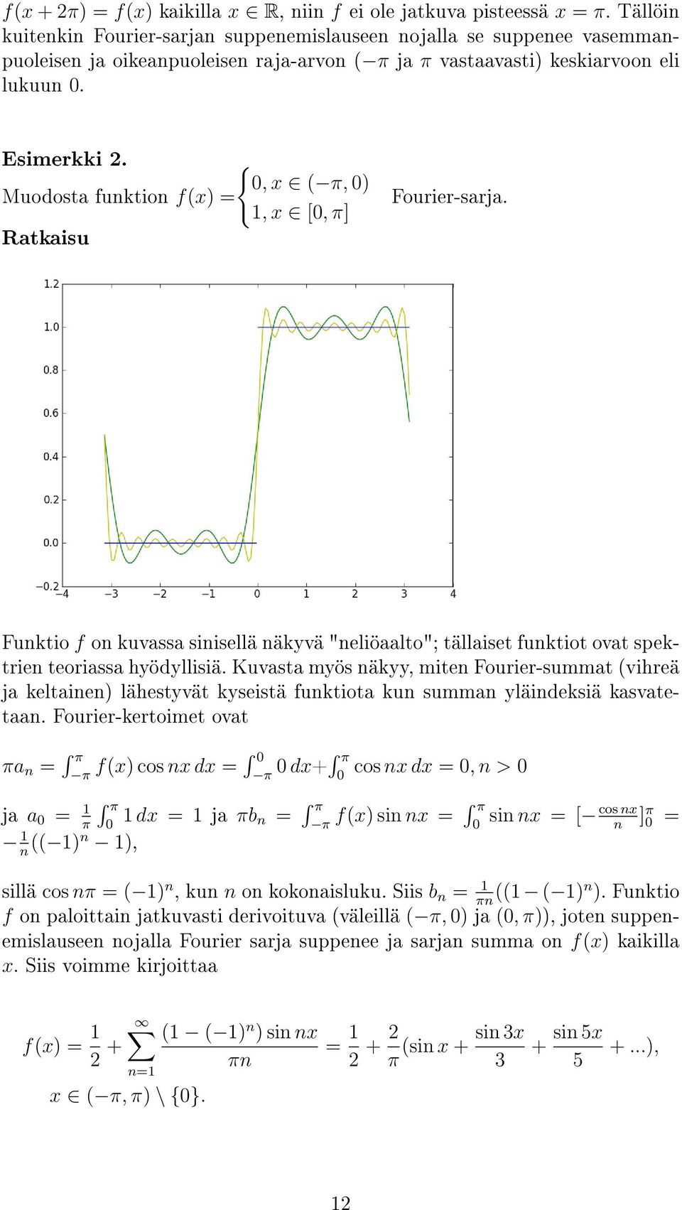 {, x (, ) Muodosta funktion f(x) = 1, x [, π] Ratkaisu Fourier-sarja. Funktio f on kuvassa sinisellä näkyvä "neliöaalto"; tällaiset funktiot ovat spektrien teoriassa hyödyllisiä.