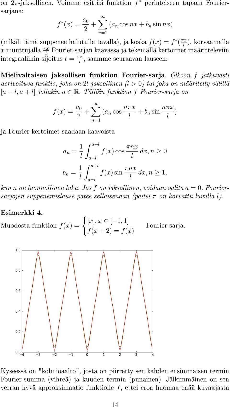 πx Fourier-sarjan kaavassa ja tekemällä kertoimet määritteleviin l integraaliihin sijoitus t = πx, saamme seuraavan lauseen: l Mielivaltaisen jaksollisen funktion Fourier-sarja.