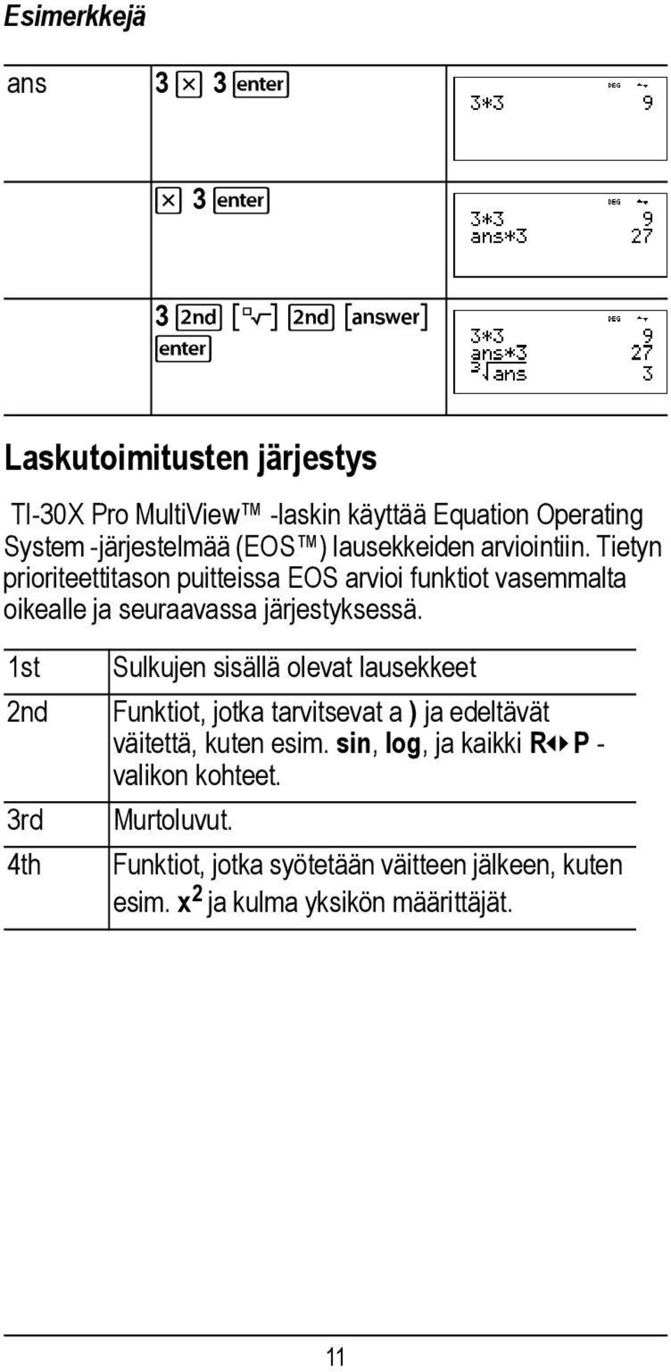 Tietyn prioriteettitason puitteissa EOS arvioi funktiot vasemmalta oikealle ja seuraavassa järjestyksessä.