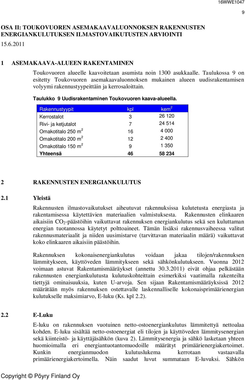 Taulukossa 9 on esitetty Toukovuoren asemakaavaluonnoksen mukainen alueen uudisrakentamisen volyymi rakennustyypeittäin ja kerrosaloittain. Taulukko 9 Uudisrakentaminen Toukovuoren kaava-alueella.