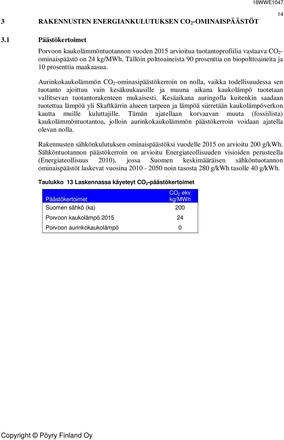 Aurinkokaukolämmön CO 2 -ominasipäästökerroin on nolla, vaikka todellisuudessa sen tuotanto ajoittuu vain kesäkuukausille ja muuna aikana kaukolämpö tuotetaan vallitsevan tuotantorakenteen mukaisesti.