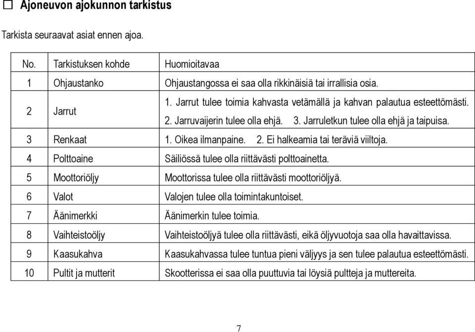 4 Polttoaine Säiliössä tulee olla riittävästi polttoainetta. 5 Moottoriöljy Moottorissa tulee olla riittävästi moottoriöljyä. 6 Valot Valojen tulee olla toimintakuntoiset.