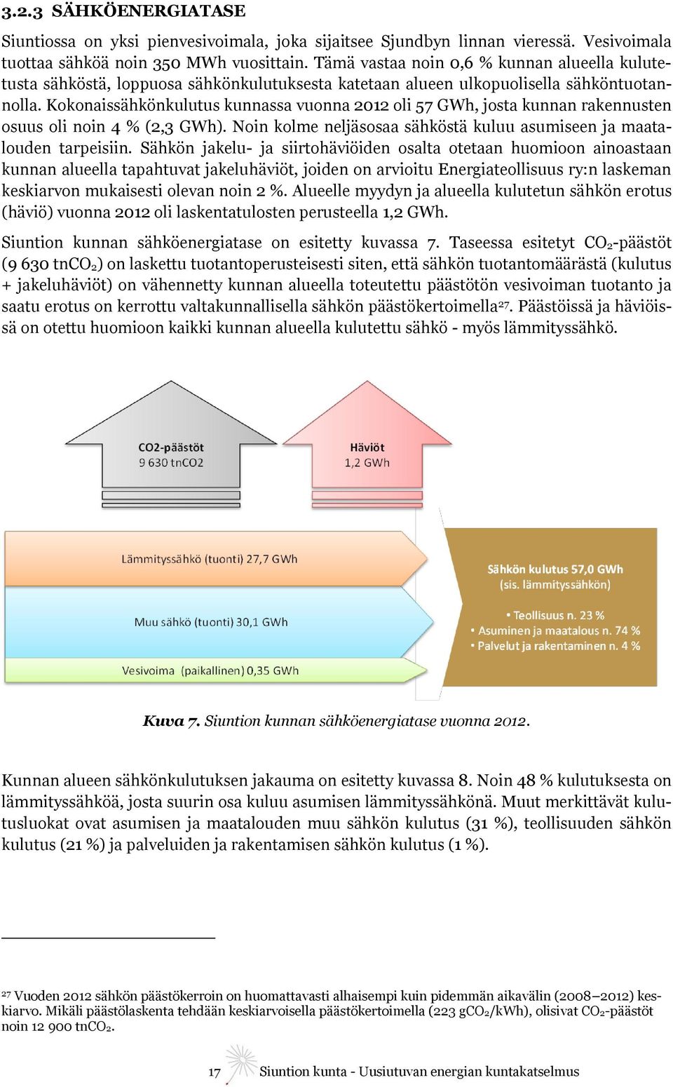 Kokonaissähkönkulutus kunnassa vuonna 2012 oli 57 GWh, josta kunnan rakennusten osuus oli noin 4 % (2,3 GWh). Noin kolme neljäsosaa sähköstä kuluu asumiseen ja maatalouden tarpeisiin.