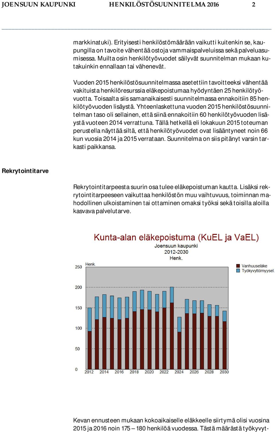 Vuoden 2015 henkilöstösuunnitelmassa asetettiin tavoitteeksi vähentää vakituista henkilöresurssia eläkepoistumaa hyödyntäen 25 henkilötyövuotta.