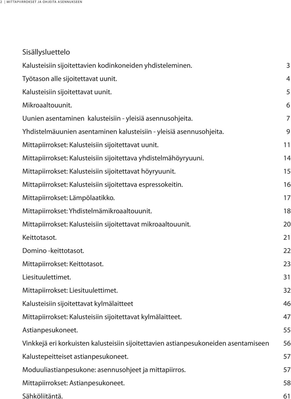 9 Mittapiirrokset: Kalusteisiin sijoitettavat uunit. 11 Mittapiirrokset: Kalusteisiin sijoitettava yhdistelmähöyryuuni. 14 Mittapiirrokset: Kalusteisiin sijoitettavat höyryuunit.