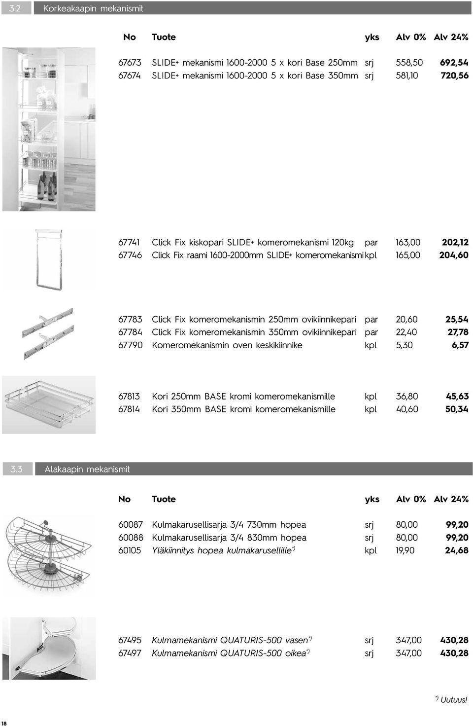 Click Fix komeromekanismin 350mm ovikiinnikepari par 22,40 27,78 67790 Komeromekanismin oven keskikiinnike kpl 5,30 6,57 67813 Kori 250mm BASE kromi komeromekanismille kpl 36,80 45,63 67814 Kori