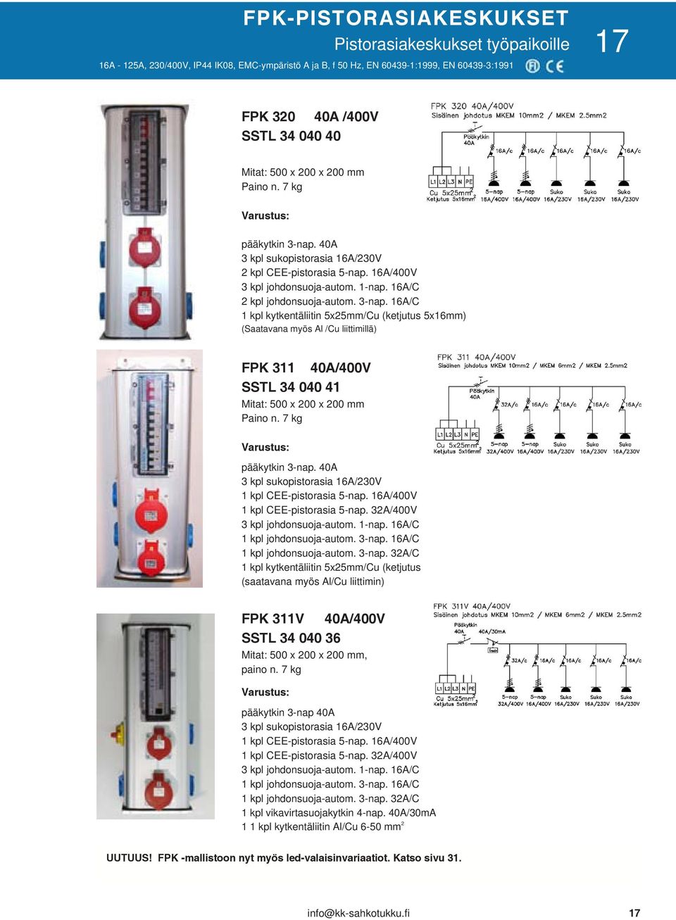 7 kg pääkytkin 3-nap. 40A 3 kpl sukopistorasia /230V 1 kpl CEE-pistorasia 5-nap. /400V 1 kpl CEE-pistorasia 5-nap. /400V 3 kpl johdonsuoja-autom. 1-nap. /C 1 kpl johdonsuoja-autom. 3-nap. /C 1 kpl johdonsuoja-autom. 3-nap. /C 1 kpl kytkentäliitin 5x25mm/Cu (ketjutus (saatavana myös Al/Cu liittimin) FPK 311V 40A/400V SSTL 34 040 36 Mitat: 500 x 200 x 200 mm, paino n.