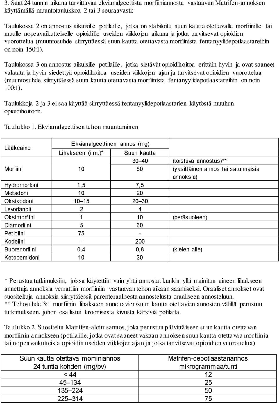 kautta otettavasta morfiinista fentanyylidepotlaastareihin on noin 150:1).