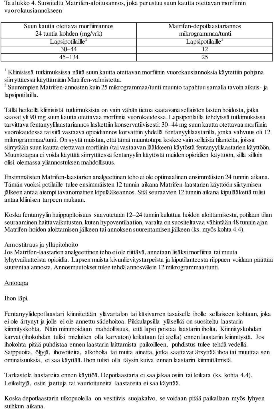 mikrogrammaa/tunti Lapsipotilaille 2 Lapsipotilaille 2 30 44 12 45 134 25 1 Kliinisissä tutkimuksissa näitä suun kautta otettavan morfiinin vuorokausiannoksia käytettiin pohjana siirryttäessä