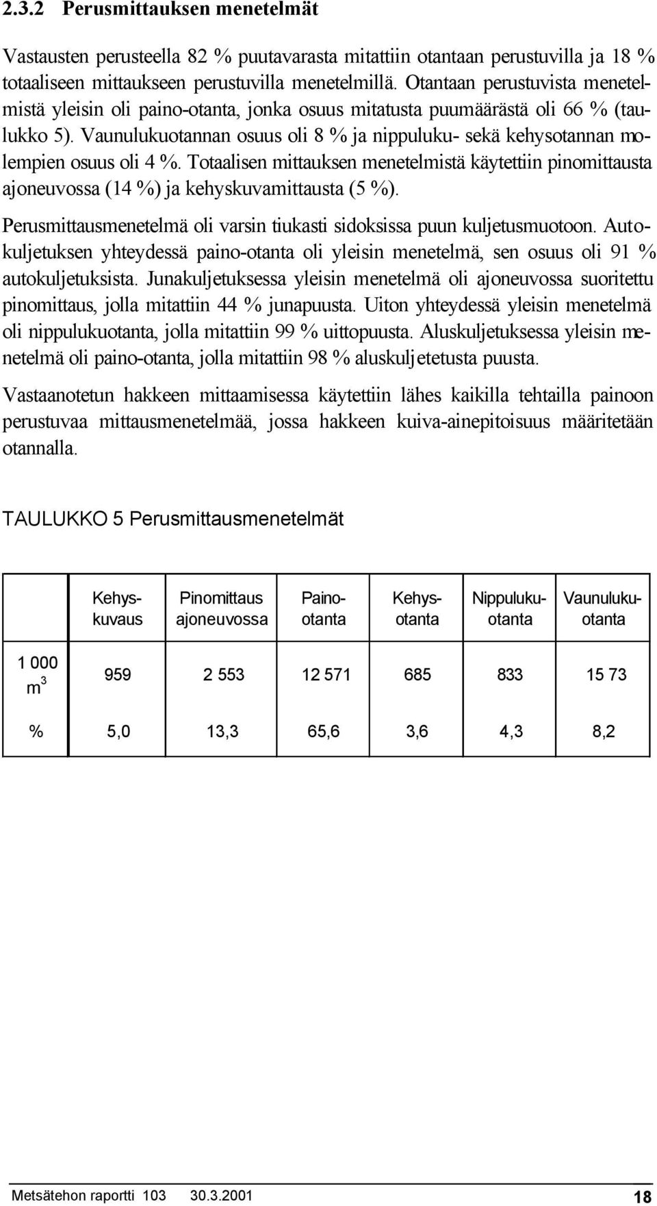 Vaunulukuotannan osuus oli 8 % ja nippuluku- sekä kehysotannan molempien osuus oli 4 %. Totaalisen mittauksen menetelmistä käytettiin pinomittausta ajoneuvossa (14 %) ja kehyskuvamittausta (5 %).