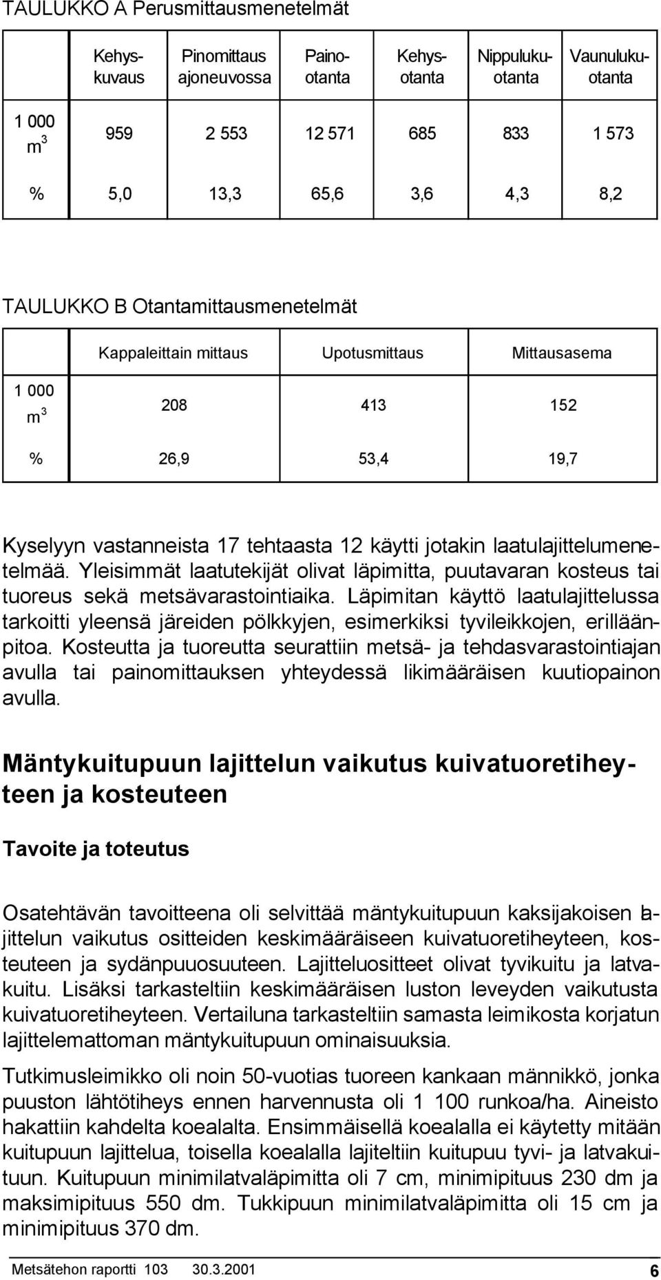 laatulajittelumenetelmää. Yleisimmät laatutekijät olivat läpimitta, puutavaran kosteus tai tuoreus sekä metsävarastointiaika.