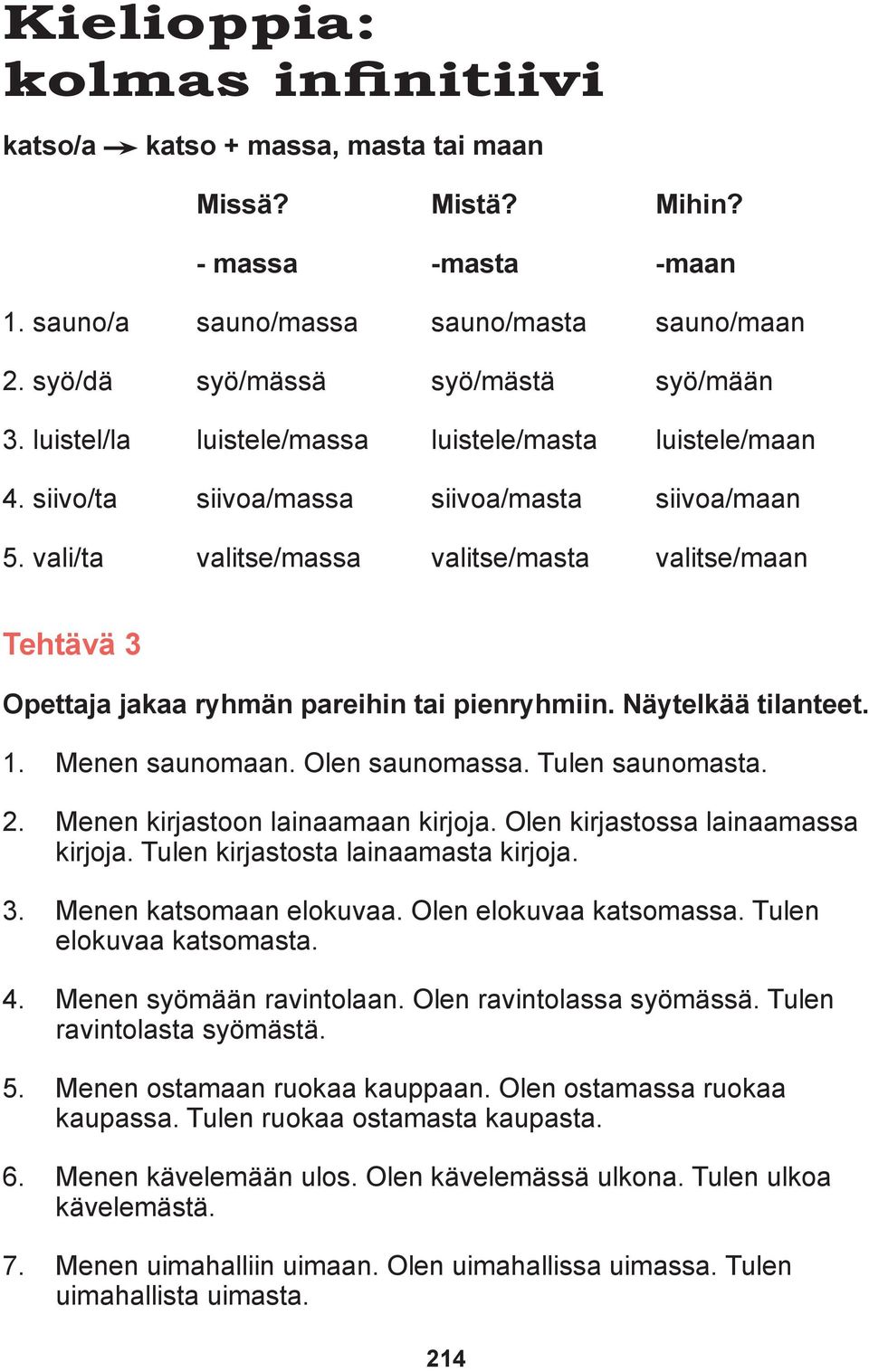 vali/ta valitse/massa valitse/masta valitse/maan Tehtävä 3 Opettaja jakaa ryhmän pareihin tai pienryhmiin. Näytelkää tilanteet. 1. Menen saunomaan. Olen saunomassa. Tulen saunomasta. 2.