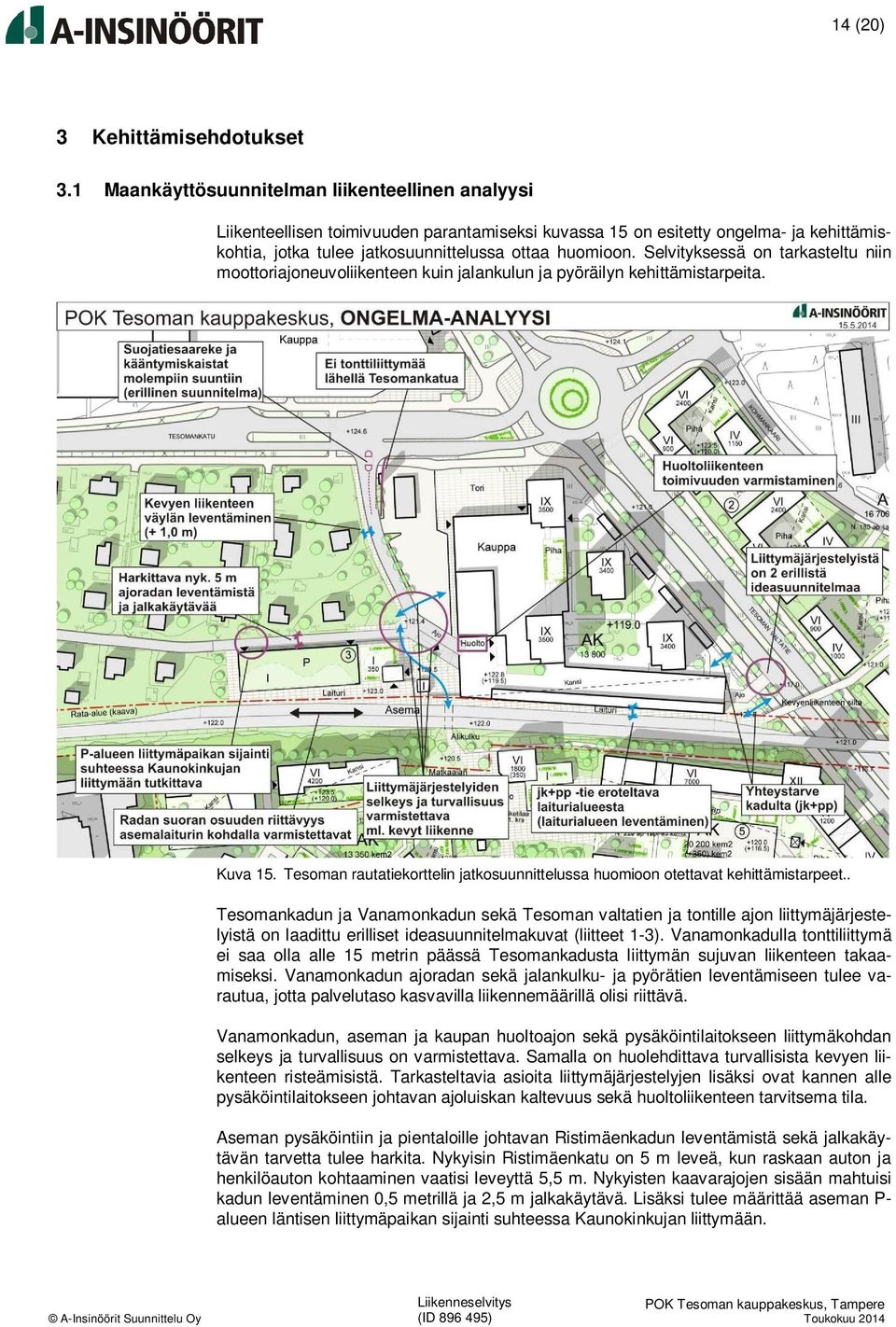 Selvityksessä on tarkasteltu niin moottoriajoneuvoliikenteen kuin jalankulun ja pyöräilyn kehittämistarpeita. Kuva 15.