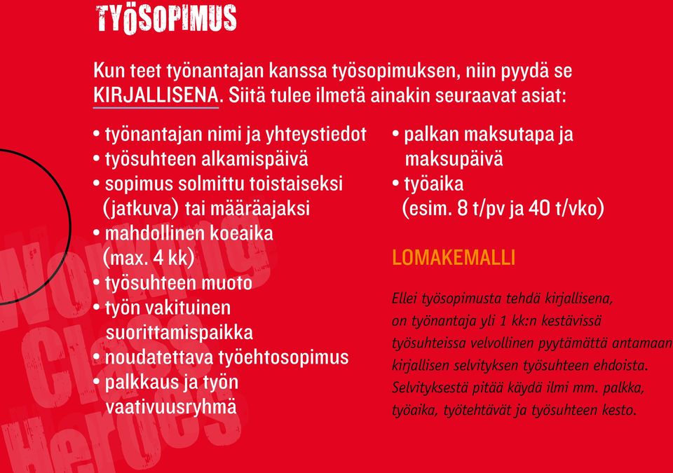 (max. 4 kk) työsuhteen muoto työn vakituinen suorittamispaikka noudatettava työehtosopimus palkkaus ja työn vaativuusryhmä palkan maksutapa ja maksupäivä työaika (esim.