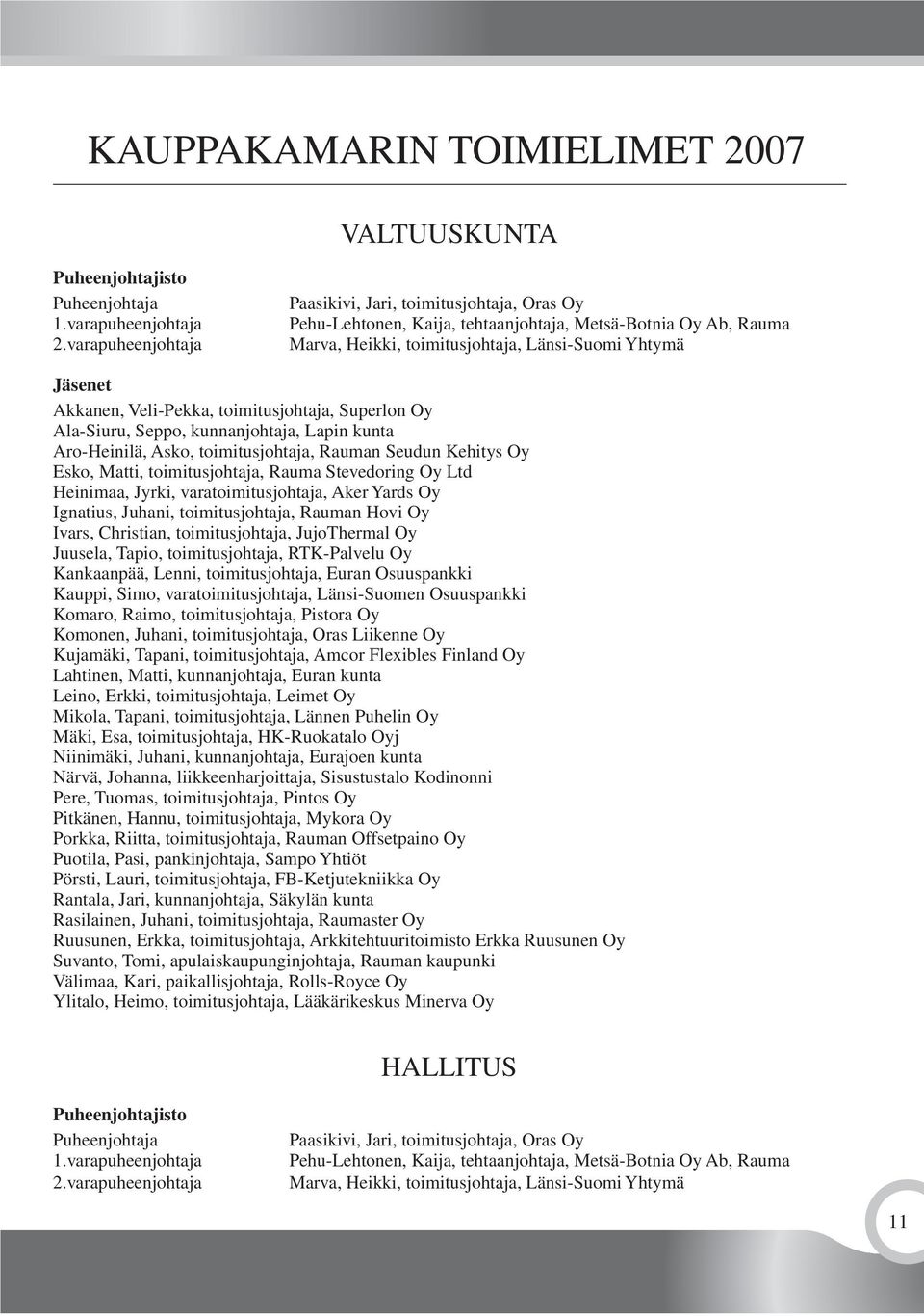 Veli-Pekka, toimitusjohtaja, Superlon Oy Ala-Siuru, Seppo, kunnanjohtaja, Lapin kunta Aro-Heinilä, Asko, toimitusjohtaja, Rauman Seudun Kehitys Oy Esko, Matti, toimitusjohtaja, Rauma Stevedoring Oy