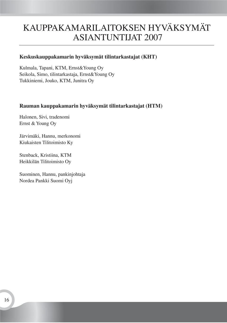 kauppakamarin hyväksymät tilintarkastajat (HTM) Halonen, Sivi, tradenomi Ernst & Young Oy Järvimäki, Hannu, merkonomi