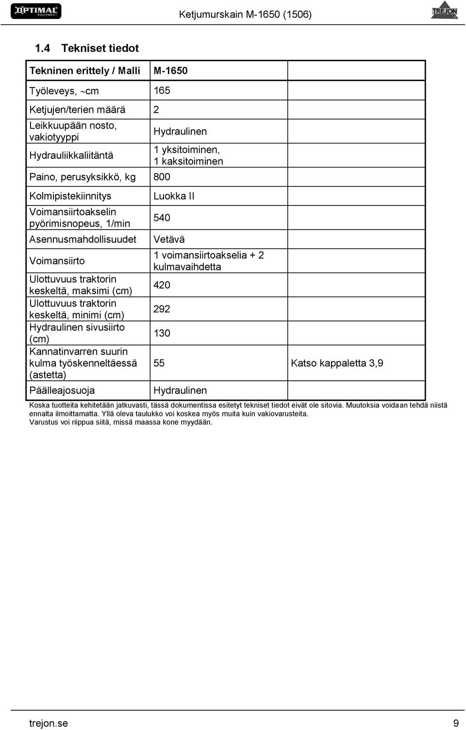 (cm) Hydraulinen sivusiirto (cm) Kannatinvarren suurin kulma työskenneltäessä (astetta) Päälleajosuoja Luokka II 540 Vetävä 1 voimansiirtoakselia + 2 kulmavaihdetta 420 292 130 55 Katso kappaletta