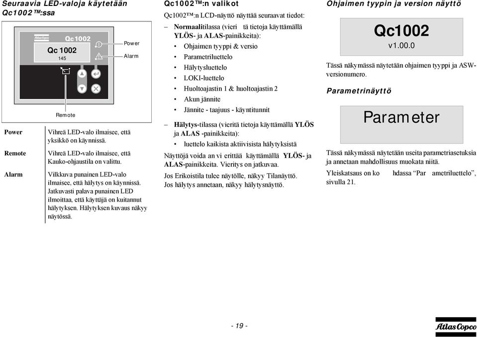 Qc100 :n valikot Qc100 :n LCD-näyttö näyttää seuraavat tiedot: Normaalitilassa (vieri tä tietoja käyttämällä YLÖS- ja ALAS-painikkeita): Ohjaimen tyyppi & versio Parametriluettelo Hälytysluettelo