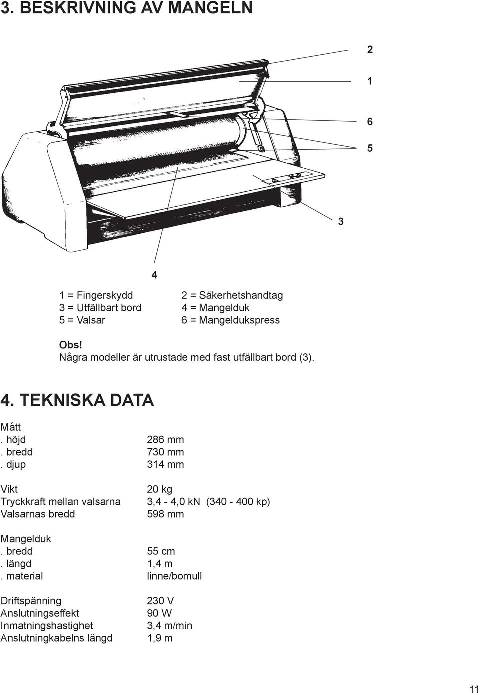 djup 314 mm Vikt Tryckkraft mellan valsarna Valsarnas bredd 20 kg 3,4-4,0 kn (340-400 kp) 598 mm Mangelduk. bredd 55 cm.