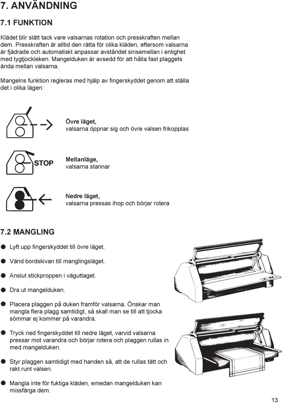 Mangelduken är avsedd för att hålla fast plaggets ända mellan valsarna.