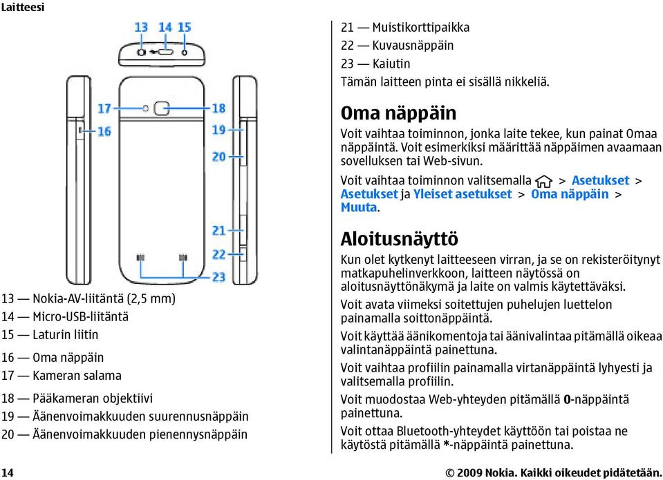 13 Nokia-AV-liitäntä (2,5 mm) 14 Micro-USB-liitäntä 15 Laturin liitin 16 Oma näppäin 17 Kameran salama 18 Pääkameran objektiivi 19 Äänenvoimakkuuden suurennusnäppäin 20 Äänenvoimakkuuden