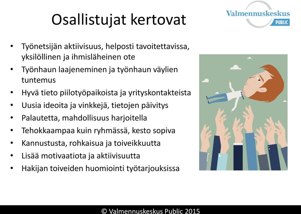 ideoita ja vinkkejä, tietojen päivitys Palautetta, mahdollisuus harjoitella Tehokkaampaa kuin ryhmässä, kesto