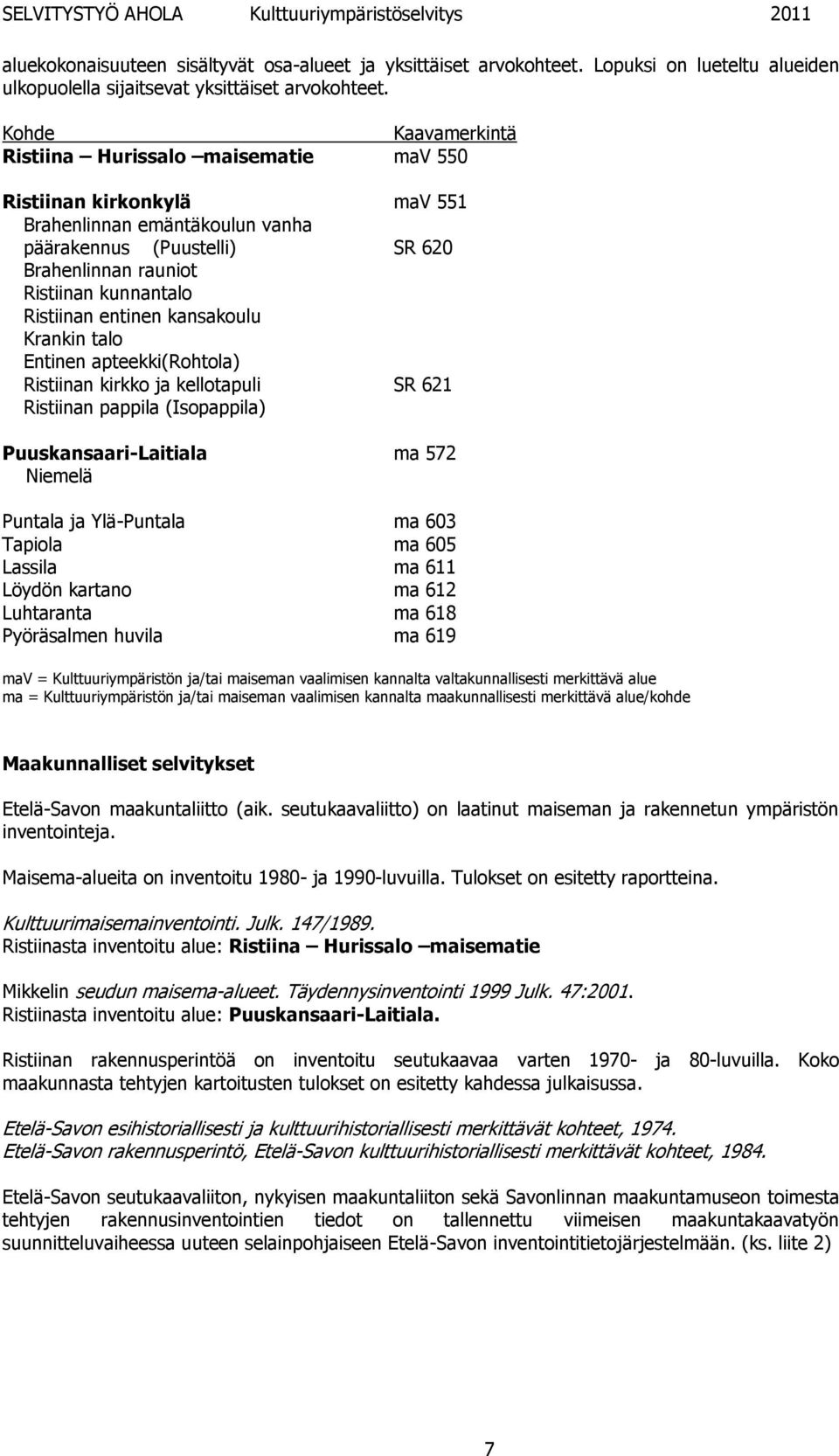 Ristiinan entinen kansakoulu Krankin talo Entinen apteekki(rohtola) Ristiinan kirkko ja kellotapuli SR 621 Ristiinan pappila (Isopappila) Puuskansaari-Laitiala ma 572 Niemelä Puntala ja Ylä-Puntala