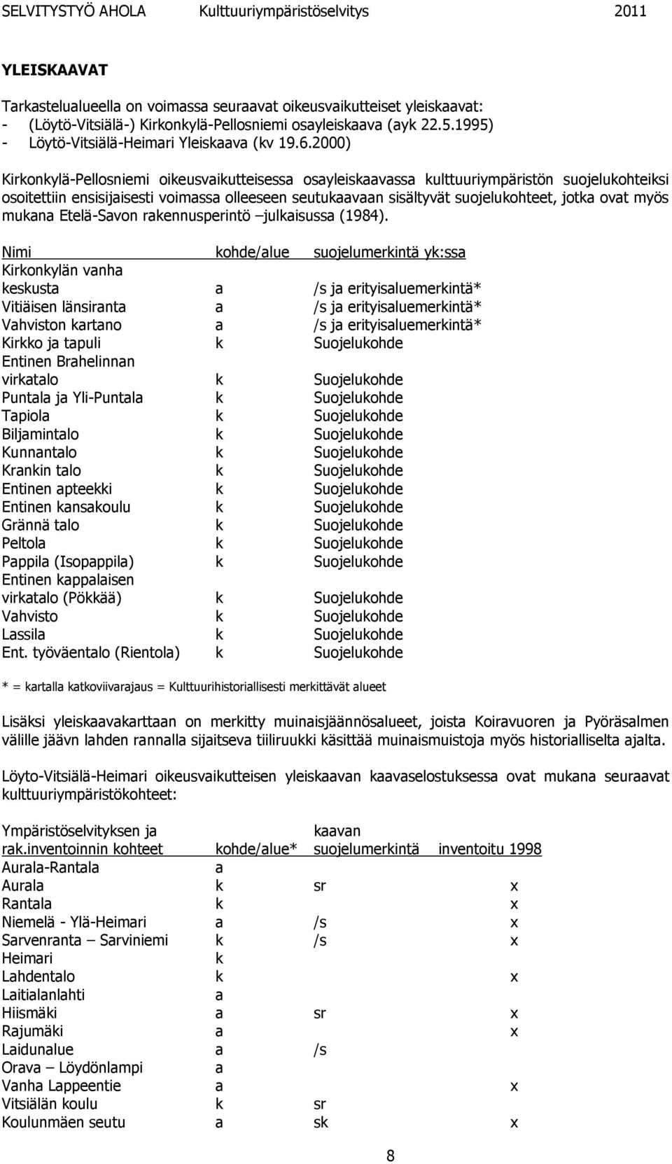 2000) Kirkonkylä-Pellosniemi oikeusvaikutteisessa osayleiskaavassa kulttuuriympäristön suojelukohteiksi osoitettiin ensisijaisesti voimassa olleeseen seutukaavaan sisältyvät suojelukohteet, jotka