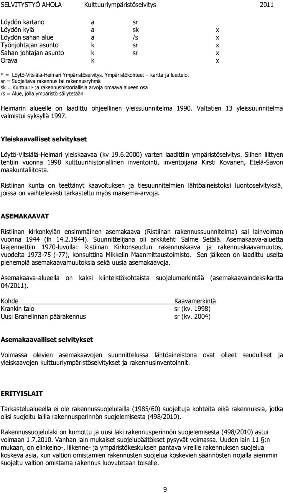 sr = Suojeltava rakennus tai rakennusryhmä sk = Kulttuuri- ja rakennushistoriallisia arvoja omaava alueen osa /s = Alue, jolla ympäristö säilytetään Heimarin alueelle on laadittu ohjeellinen