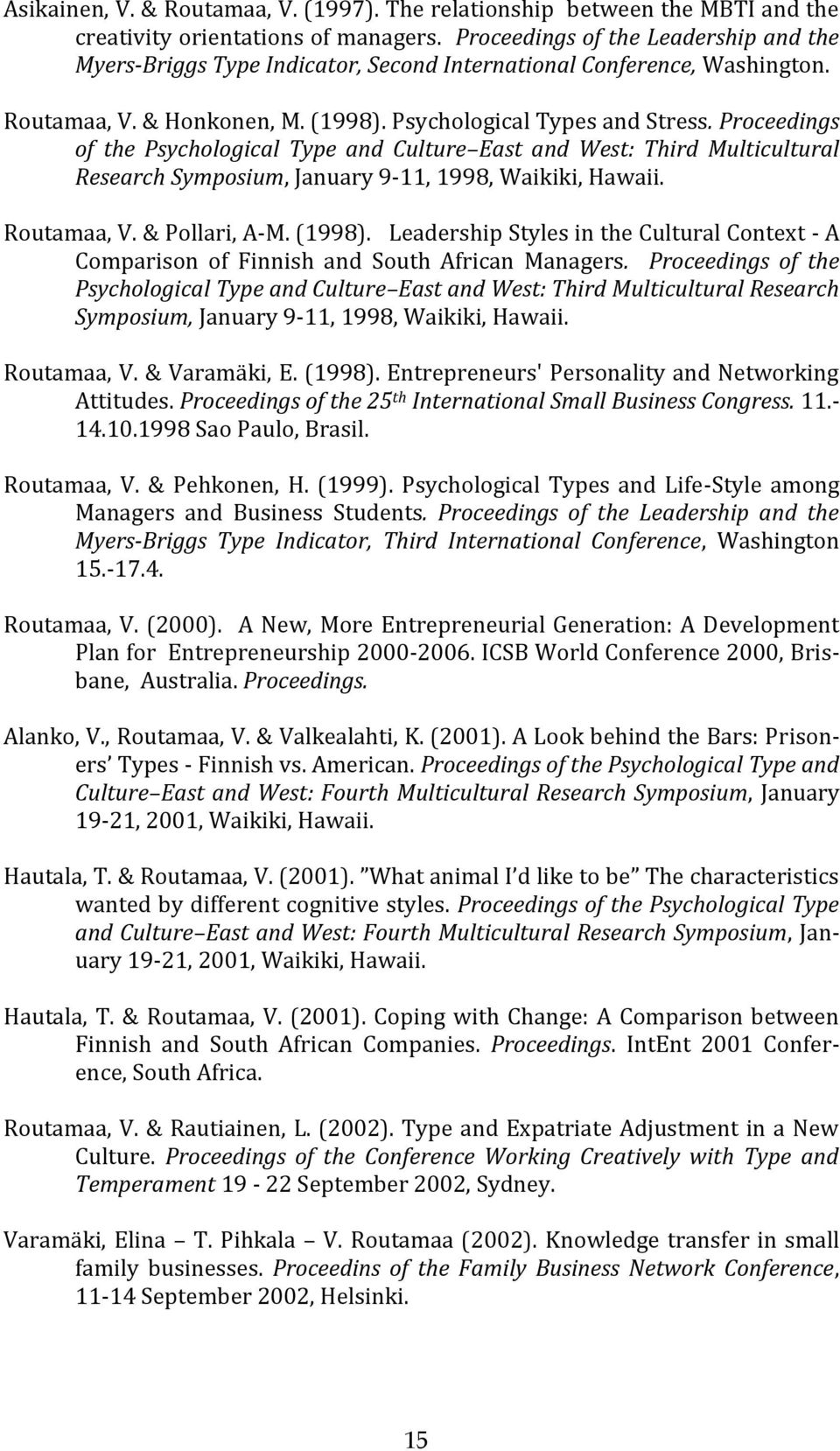 Proceedings of the Psychological Type and Culture East and West: Third Multicultural Research Symposium, January 9-11, 1998, Waikiki, Hawaii. Routamaa, V. & Pollari, A-M. (1998).