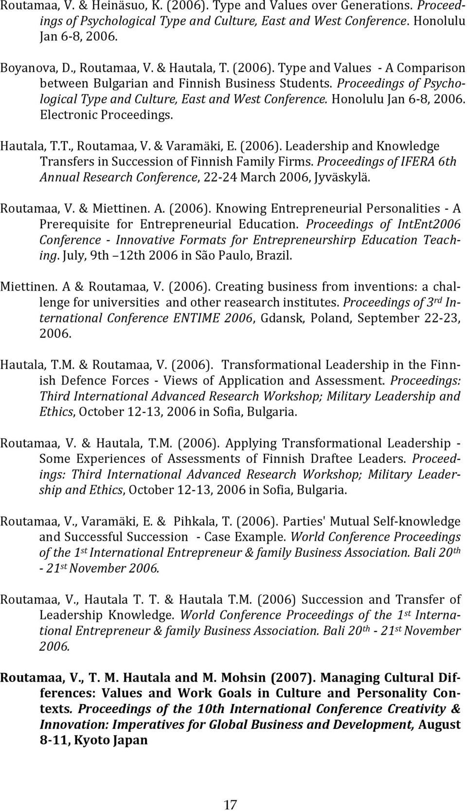 Electronic Proceedings. Hautala, T.T., Routamaa, V. & Varamäki, E. (2006). Leadership and Knowledge Transfers in Succession of Finnish Family Firms.