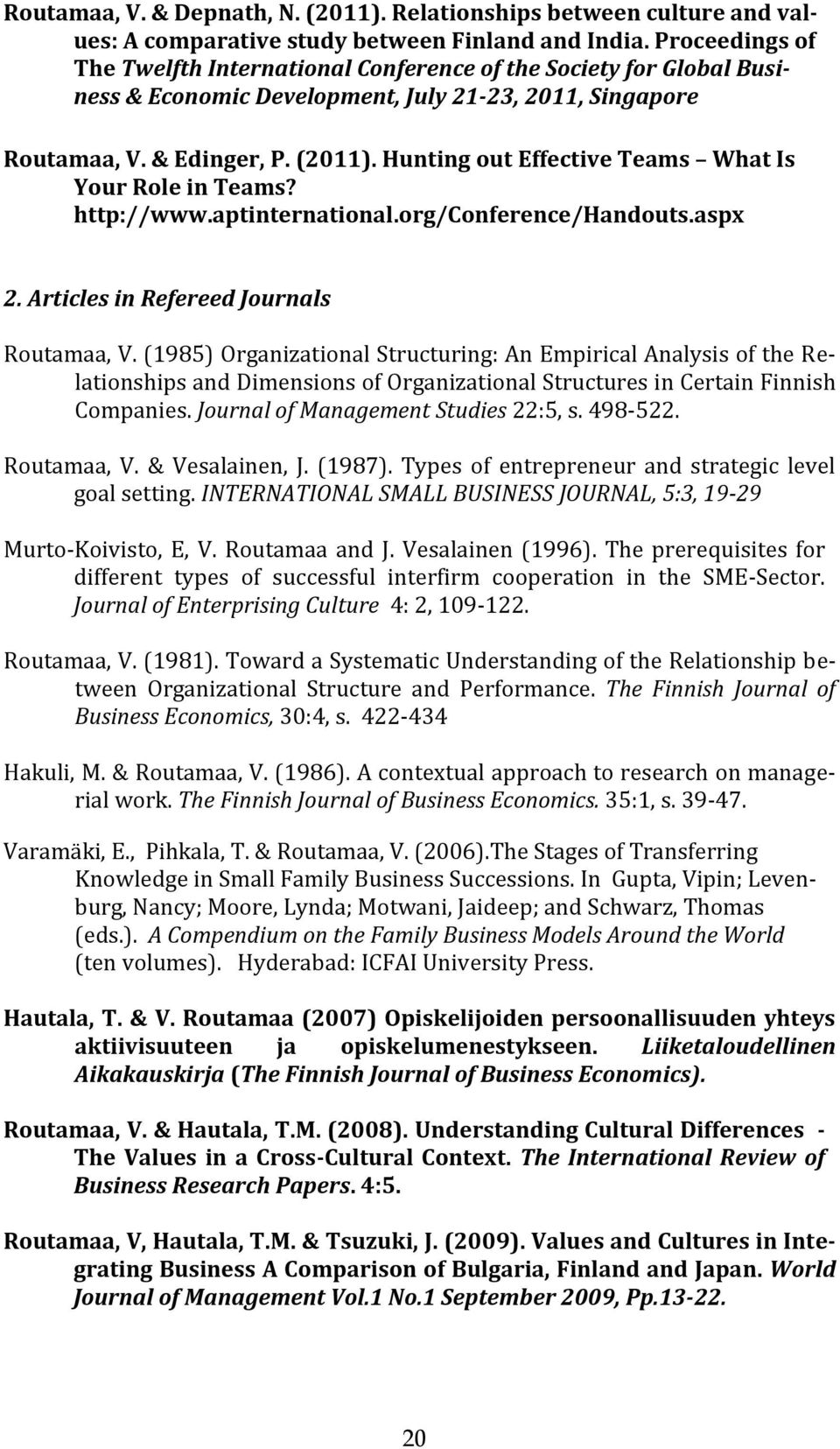 Hunting out Effective Teams What Is Your Role in Teams? http://www.aptinternational.org/conference/handouts.aspx 2. Articles in Refereed Journals Routamaa, V.