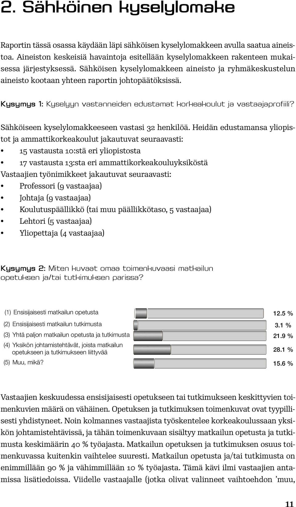 Kysymys 1: Kyselyyn vastanneiden edustamat korkeakoulut ja vastaajaprofiili? Sähköiseen kyselylomakkeeseen vastasi 32 henkilöä.