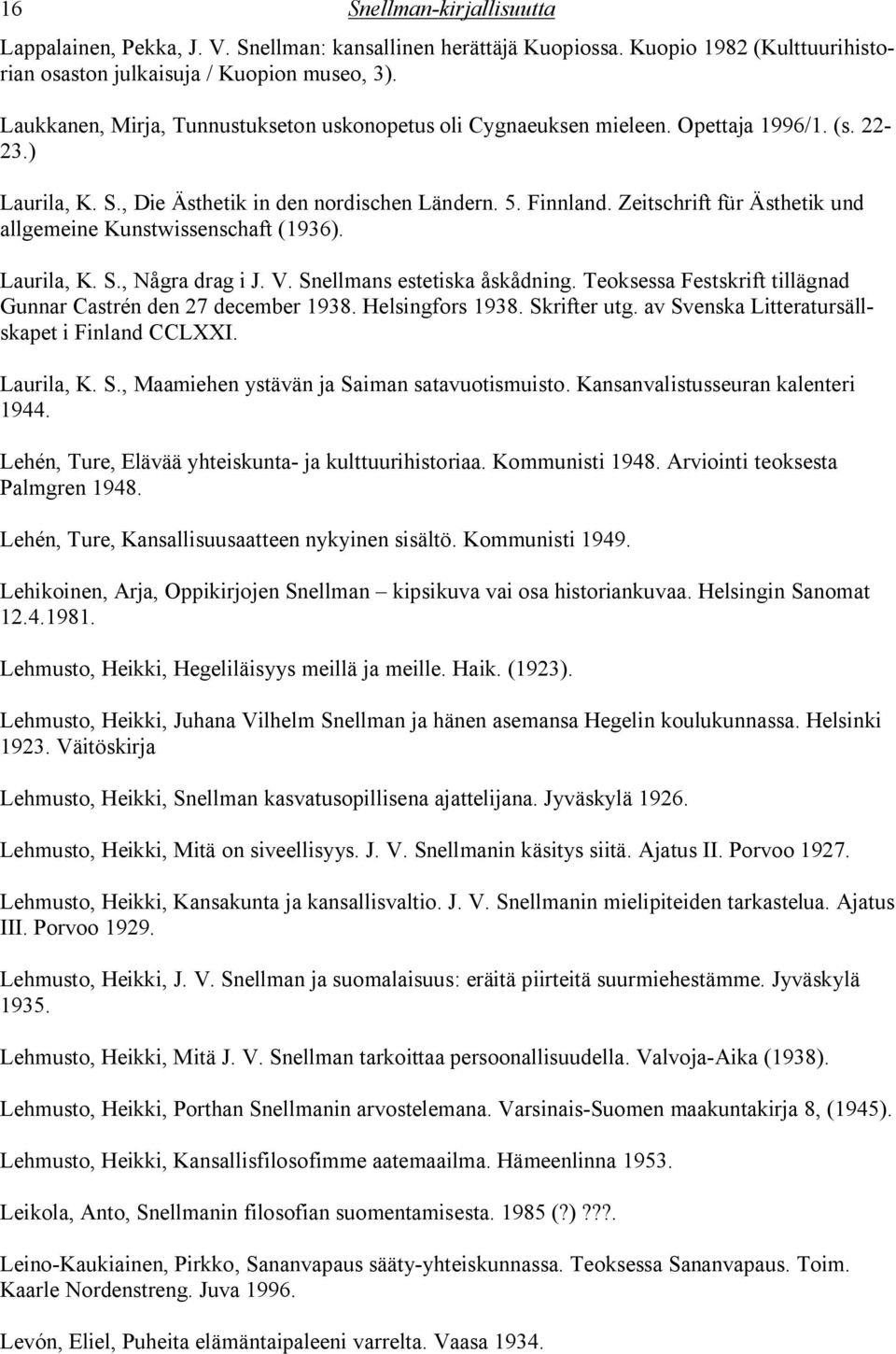 Zeitschrift für Ästhetik und allgemeine Kunstwissenschaft (1936). Laurila, K. S., Några drag i J. V. Snellmans estetiska åskådning. Teoksessa Festskrift tillägnad Gunnar Castrén den 27 december 1938.