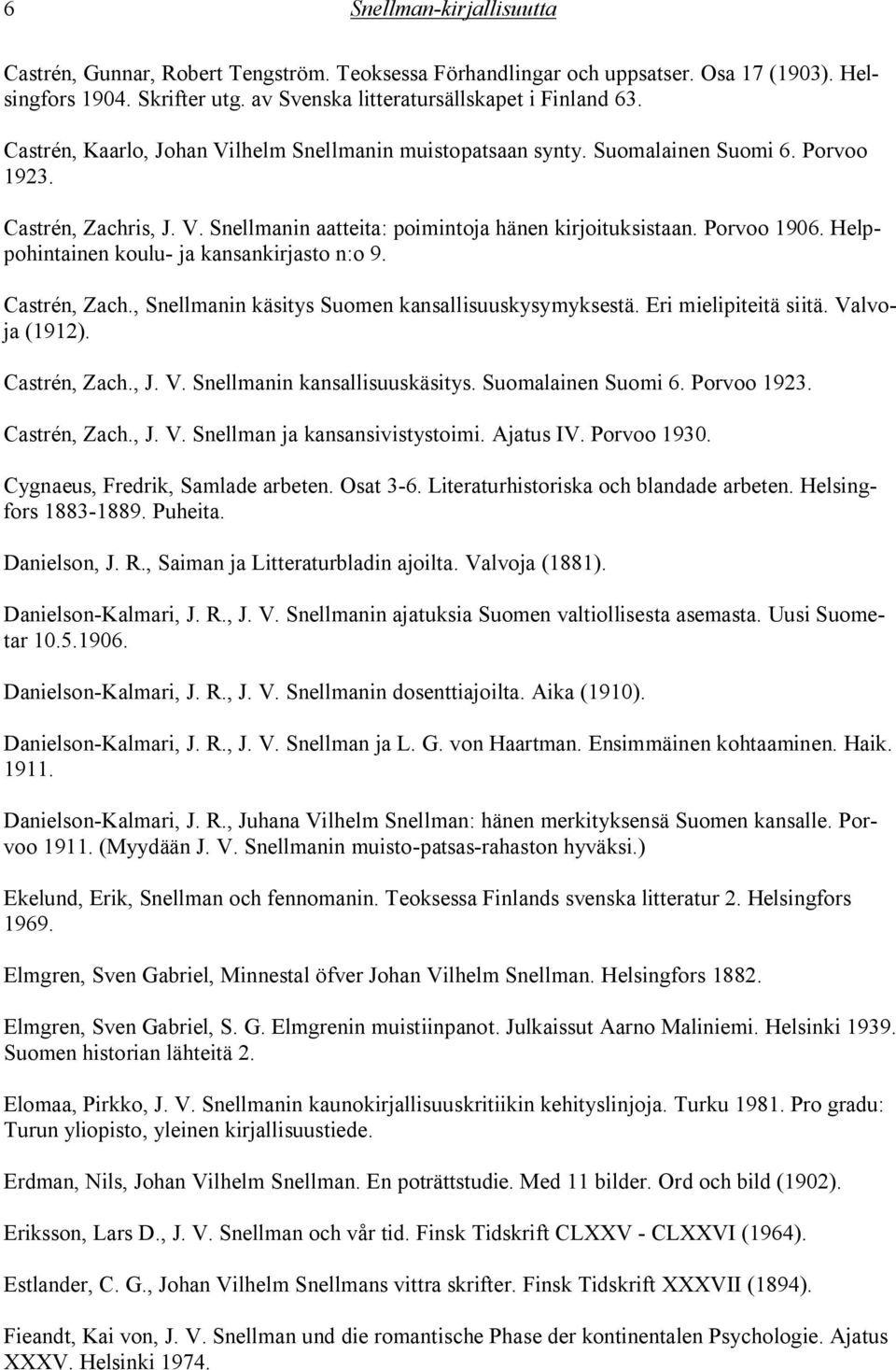 Helppohintainen koulu- ja kansankirjasto n:o 9. Castrén, Zach., Snellmanin käsitys Suomen kansallisuuskysymyksestä. Eri mielipiteitä siitä. Valvoja (1912). Castrén, Zach., J. V. Snellmanin kansallisuuskäsitys.