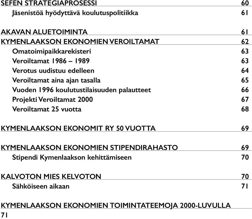 koulutustilaisuuden palautteet 66 Projekti Veroiltamat 2000 67 Veroiltamat 25 vuotta 68 KYMENLAAKSON EKONOMIT RY 50 VUOTTA 69 KYMENLAAKSON