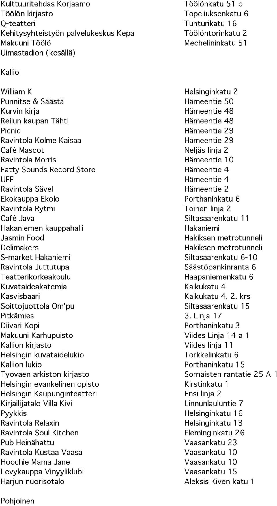 Mascot Neljäs linja 2 Ravintola Morris Hämeentie 10 Fatty Sounds Record Store Hämeentie 4 UFF Hämeentie 4 Ravintola Sävel Hämeentie 2 Ekokauppa Ekolo Porthaninkatu 6 Ravintola Rytmi Toinen linja 2