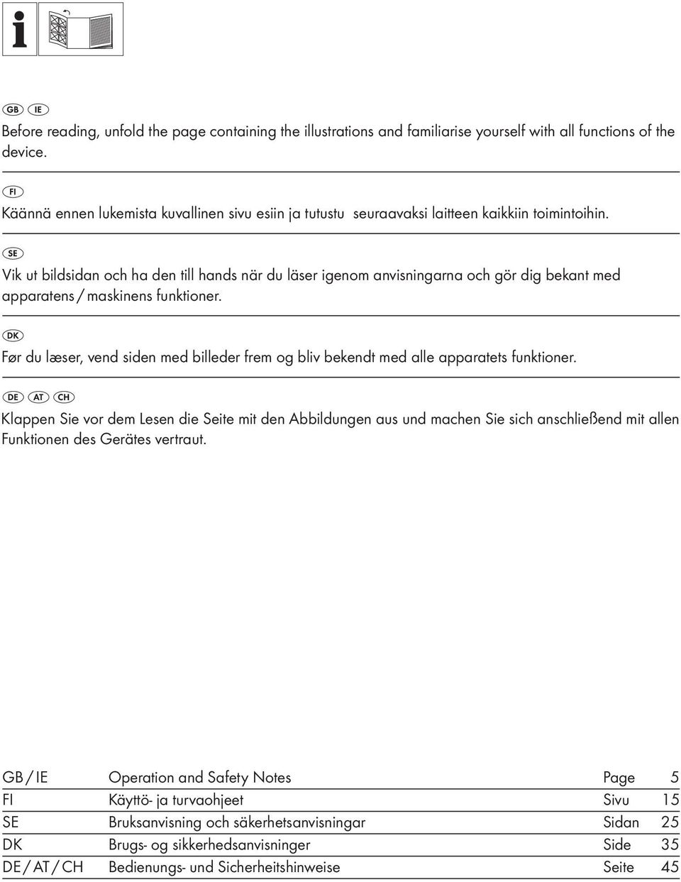 Vik ut bildsidan och ha den till hands när du läser igenom anvisningarna och gör dig bekant med apparatens / maskinens funktioner.