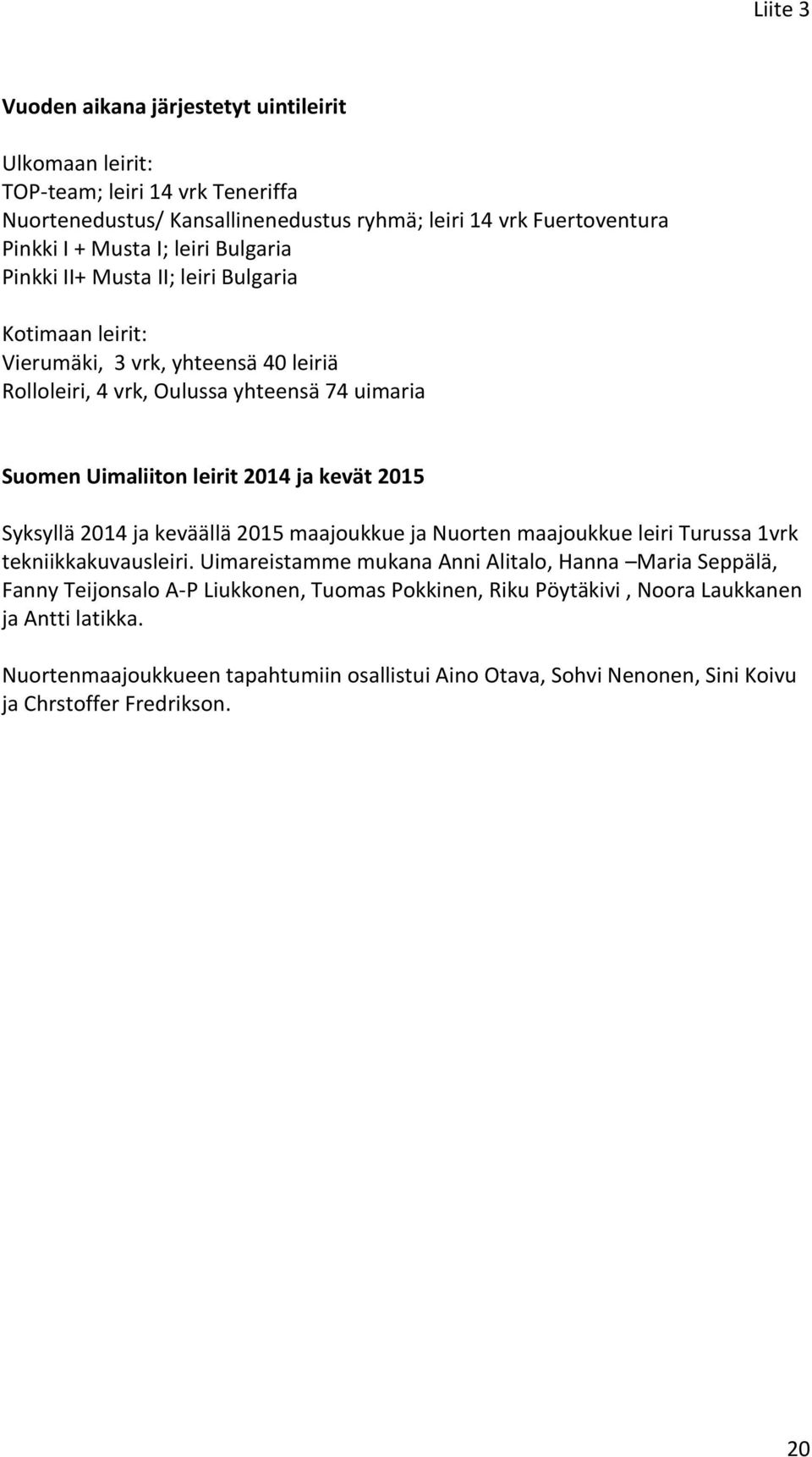 kevät 2015 Syksyllä 2014 ja keväällä 2015 maajoukkue ja Nuorten maajoukkue leiri Turussa 1vrk tekniikkakuvausleiri.