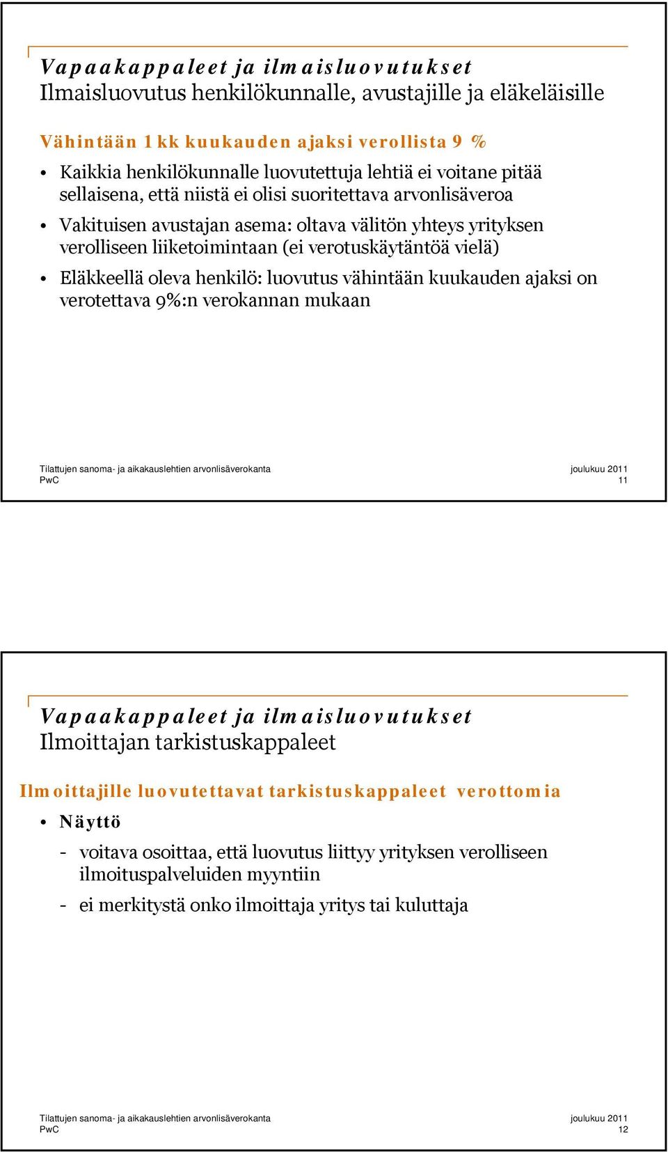 Eläkkeellä oleva henkilö: luovutus vähintään kuukauden ajaksi on verotettava 9%:n verokannan mukaan 11 Vapaakappaleet ja ilmaisluovutukset Ilmoittajan tarkistuskappaleet Ilmoittajille