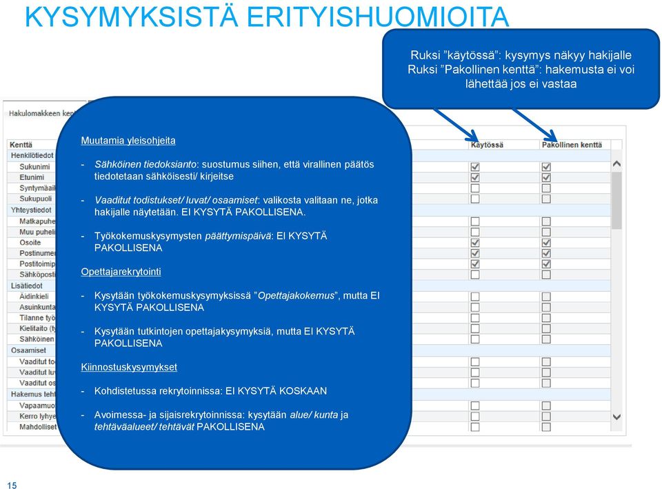 - Työkokemuskysymysten päättymispäivä: EI KYSYTÄ PAKOLLISENA Opettajarekrytointi - Kysytään työkokemuskysymyksissä Opettajakokemus, mutta EI KYSYTÄ PAKOLLISENA - Kysytään tutkintojen