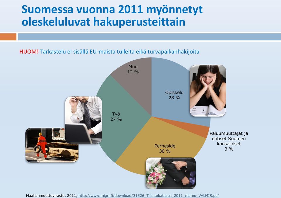 Opiskelu 28 % Työ 27 % Perheside 30 % Paluumuuttajat ja entiset Suomen kansalaiset