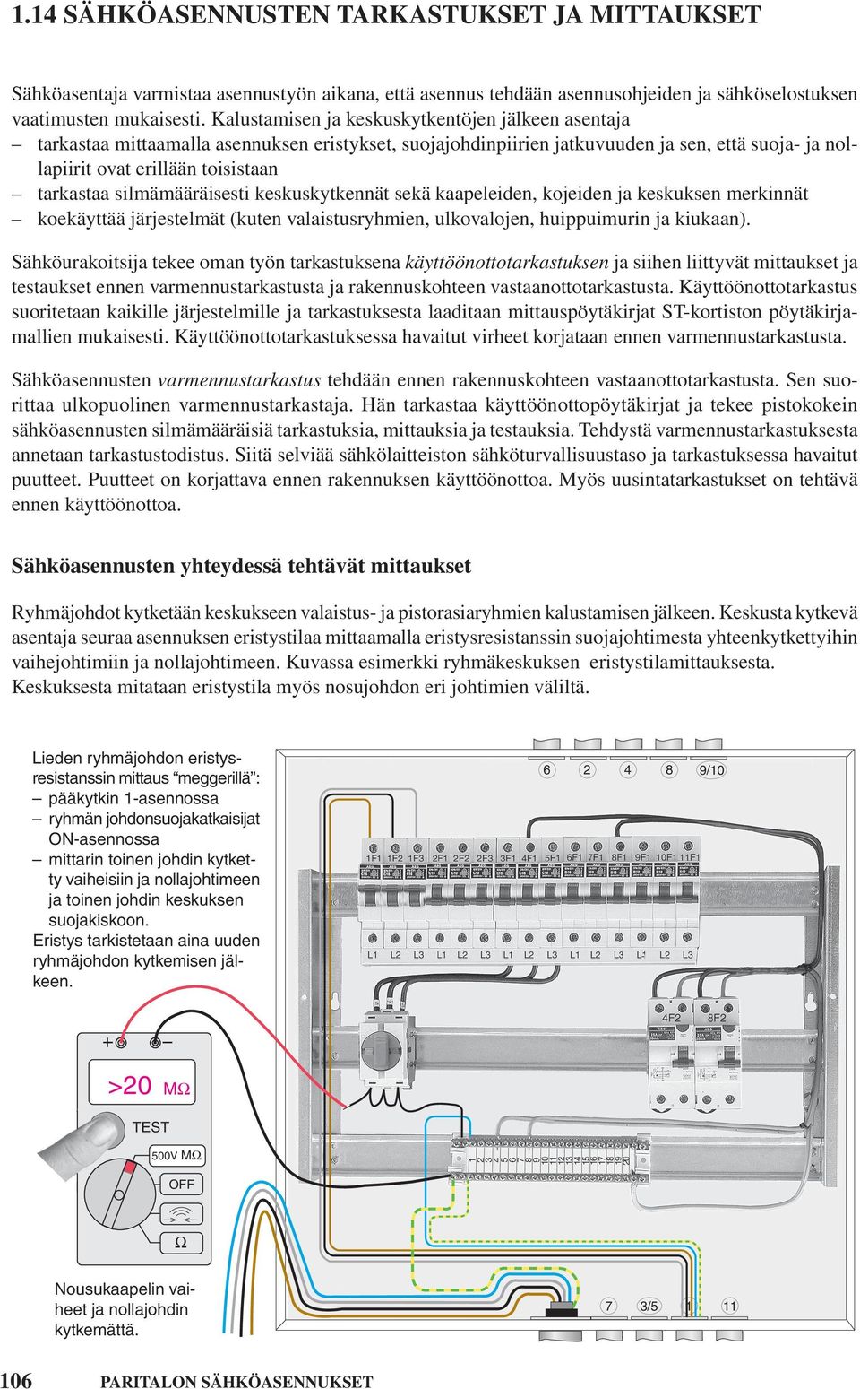 silmämääräisesti keskuskytkennät sekä kaapeleiden, kojeiden ja keskuksen merkinnät koekäyttää järjestelmät (kuten valaistusryhmien, ulkovalojen, huippuimurin ja kiukaan).