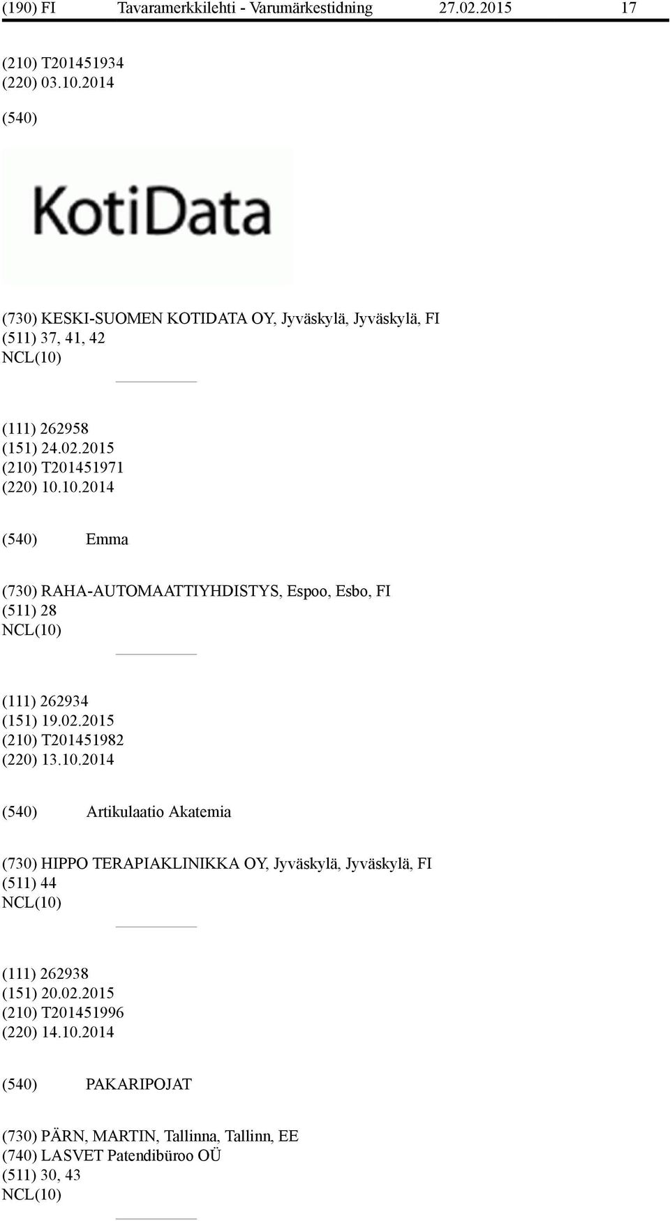 2015 (210) T201451982 (220) 13.10.2014 Artikulaatio Akatemia (730) HIPPO TERAPIAKLINIKKA OY, Jyväskylä, Jyväskylä, FI (511) 44 (111) 262938 (151) 20.
