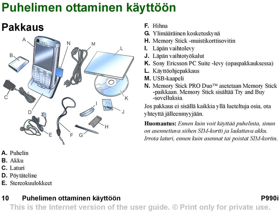 Memory Stick sisältää Try and Buy -sovelluksia. Jos pakkaus ei sisällä kaikkia yllä lueteltuja osia, ota yhteyttä jälleenmyyjään.