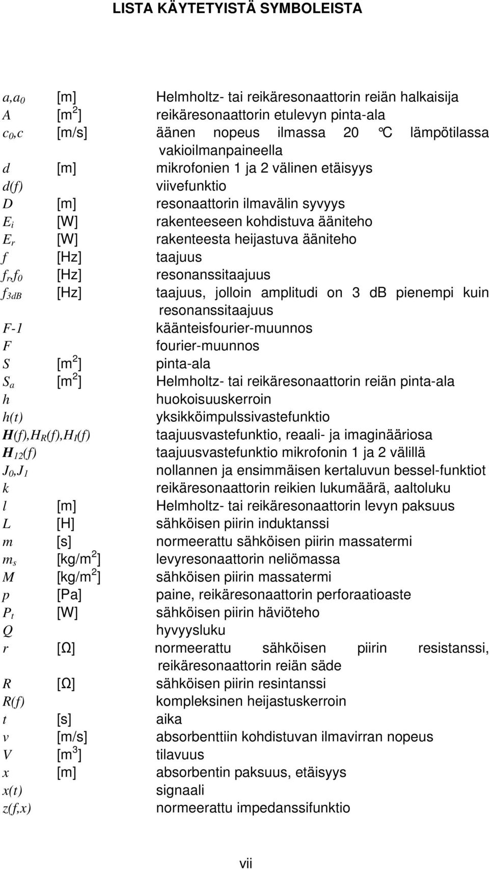 [Hz] taajuus f r,f 0 [Hz] resonanssitaajuus f 3dB [Hz] taajuus, jolloin amplitudi on 3 db pienempi kuin resonanssitaajuus F-1 käänteisfourier-muunnos F fourier-muunnos S [m 2 ] pinta-ala S a [m 2 ]