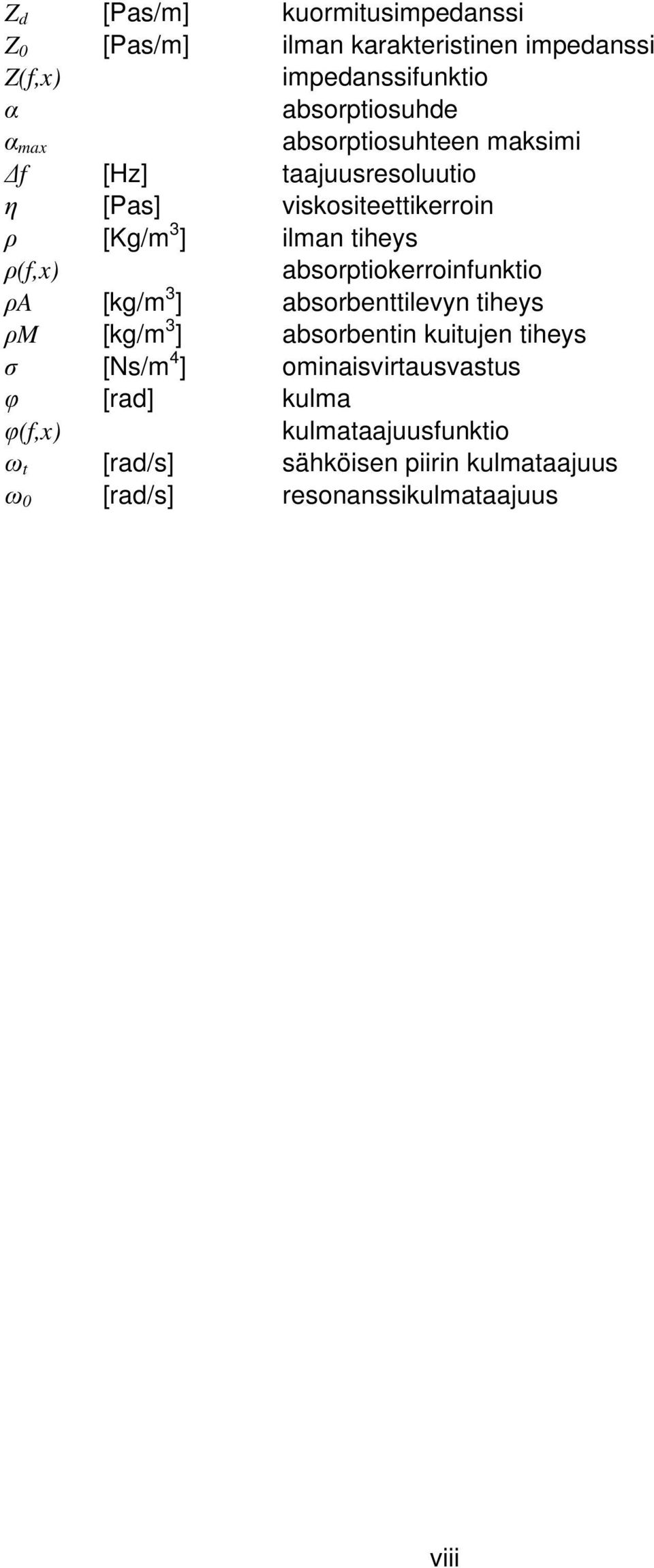 absorptiokerroinfunktio ρa [kg/m 3 ] absorbenttilevyn tiheys ρm [kg/m 3 ] absorbentin kuitujen tiheys σ [Ns/m 4 ]