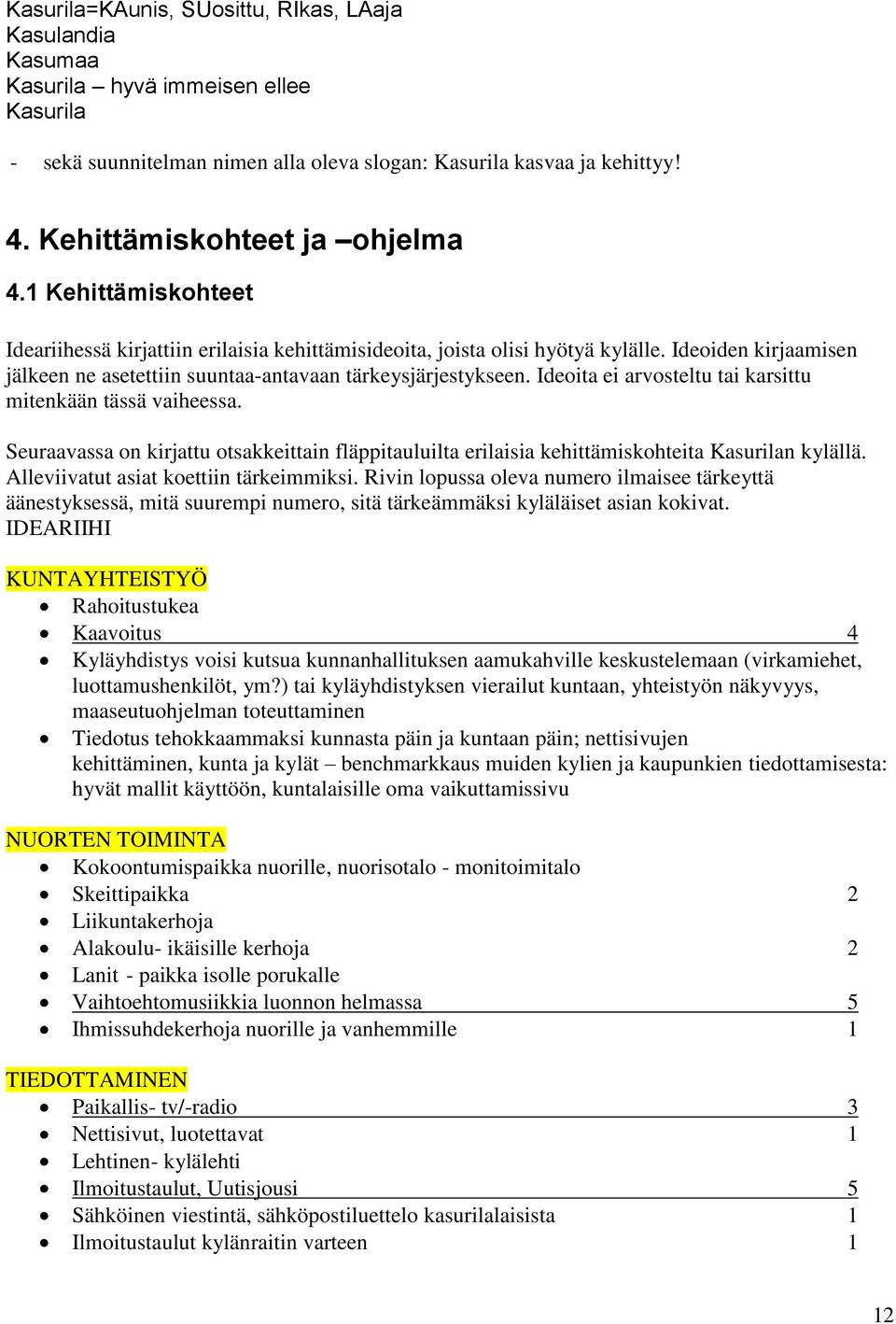 Ideoiden kirjaamisen jälkeen ne asetettiin suuntaa-antavaan tärkeysjärjestykseen. Ideoita ei arvosteltu tai karsittu mitenkään tässä vaiheessa.