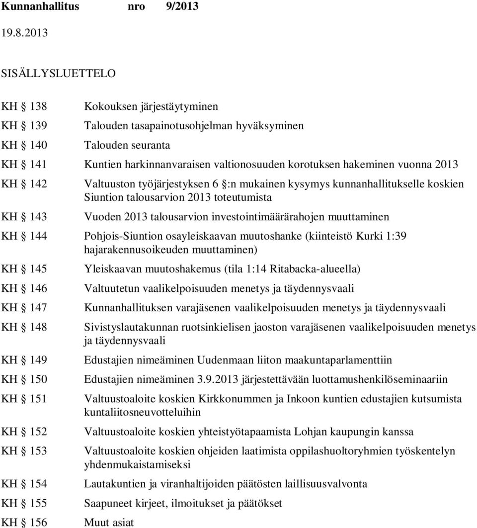 muuttaminen KH 144 Pohjois-n osayleiskaavan muutoshanke (kiinteistö Kurki 1:39 hajarakennusoikeuden muuttaminen) KH 145 KH 146 KH 147 KH 148 KH 149 KH 150 KH 151 KH 152 KH 153 KH 154 KH 155 KH 156